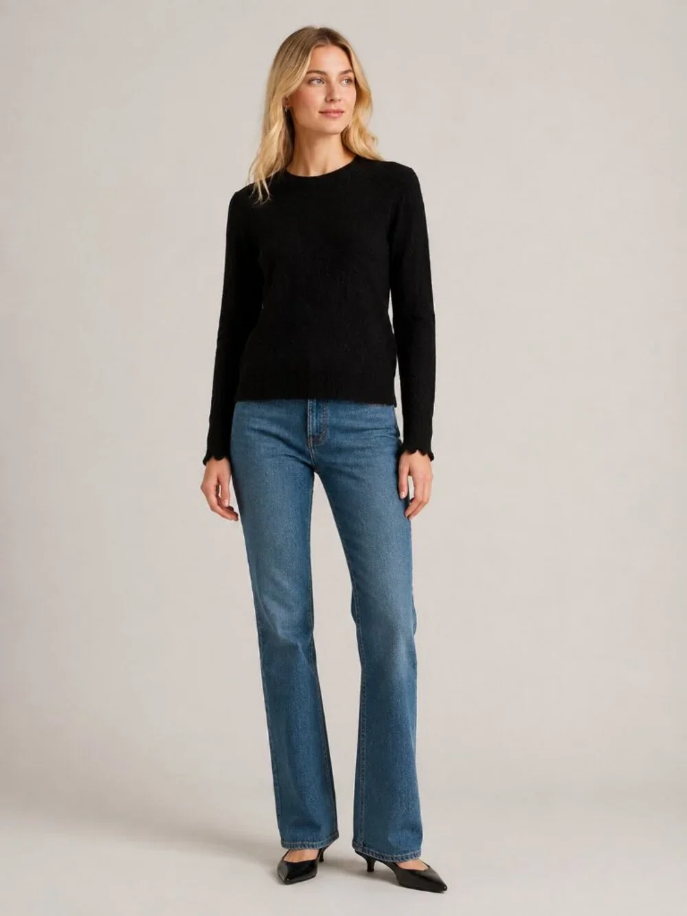J. Crew Cashmere Scalloped Crew Neck Pullover Sweater Black Small #A3829